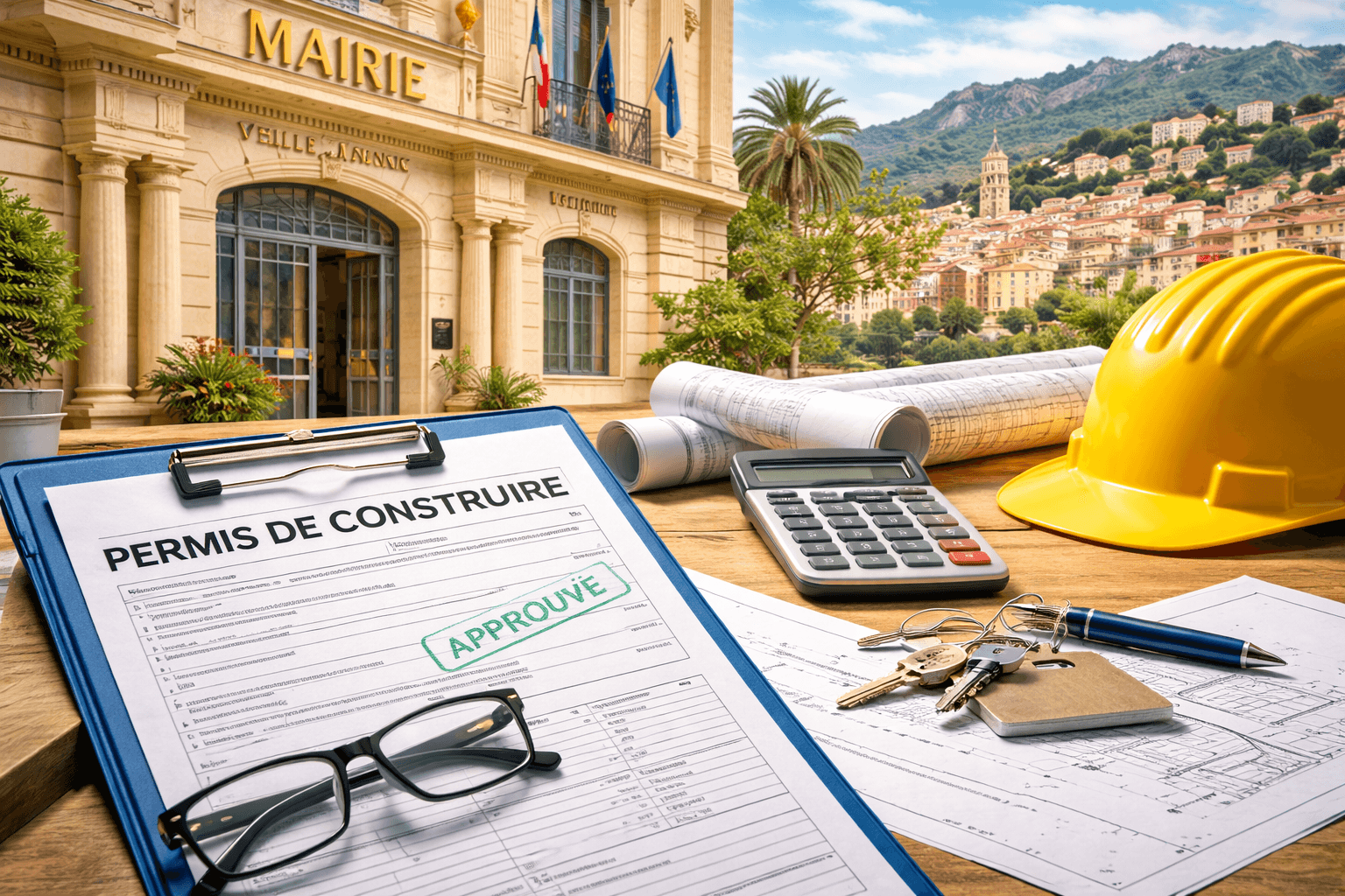 Chantier de construction à Menton avec plans de permis de construire