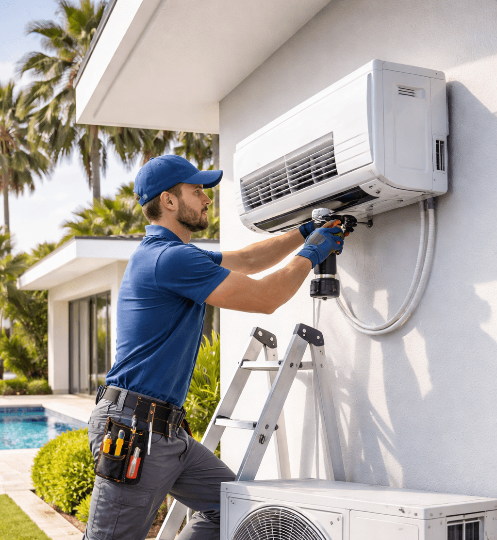 Installateur de climatisation à Menton - Technicien professionnel posant un climatiseur