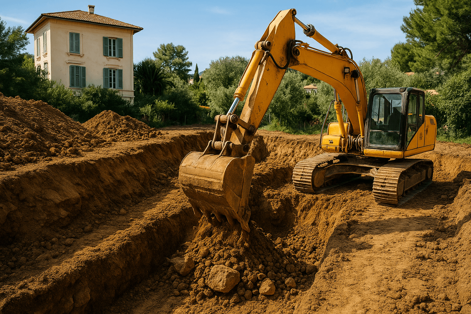 Travaux de terrassement à Menton - Pelleteuse en action